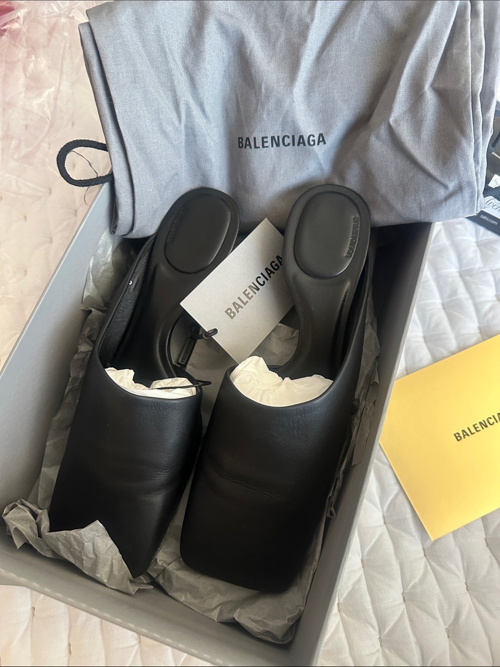 Balenciaga Black Leather Square-Toe Slide Mules with kitten heel